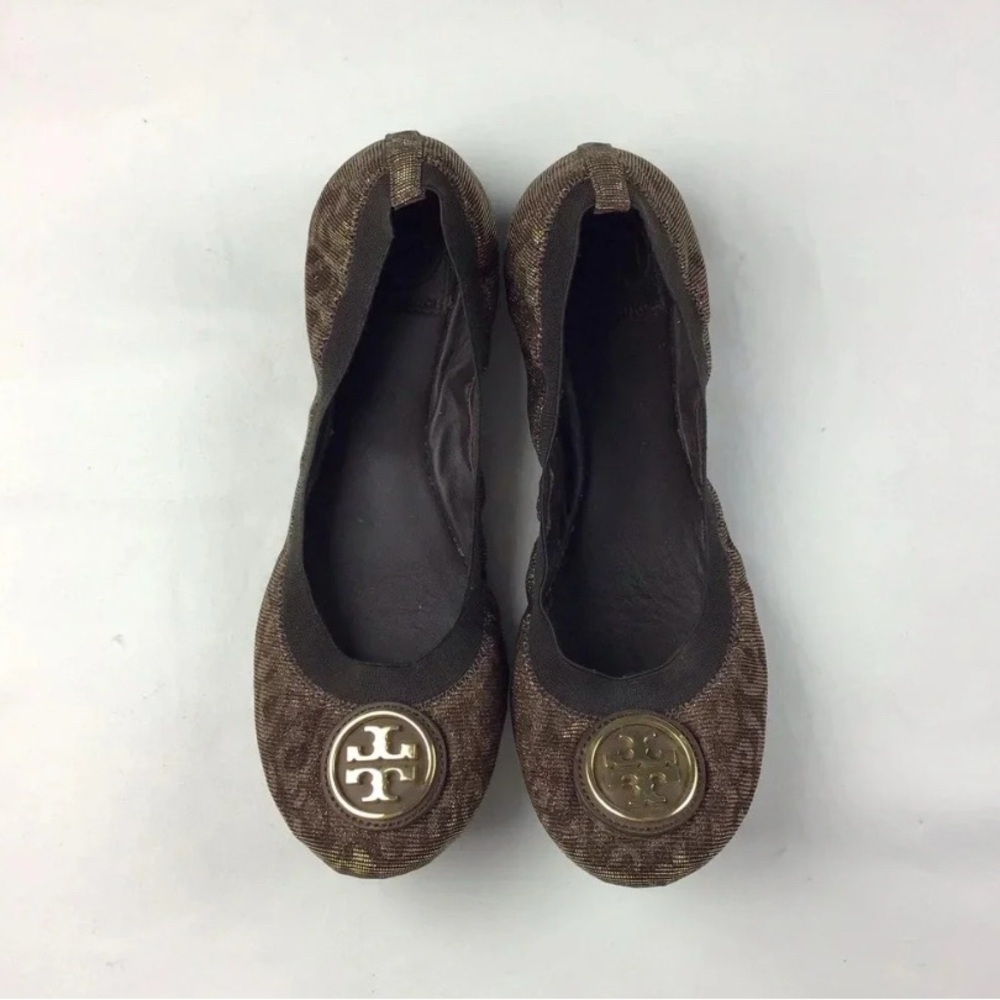 Tory Burch Caroline 2 Leopard Lurex Vegan Elastic Ballet Flats Women's Size 7.5M